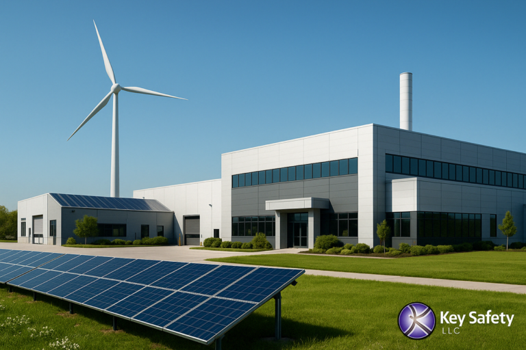 A sustainable industrial site with clean energy features and the Key Safety LLC logo in the bottom-right corner.