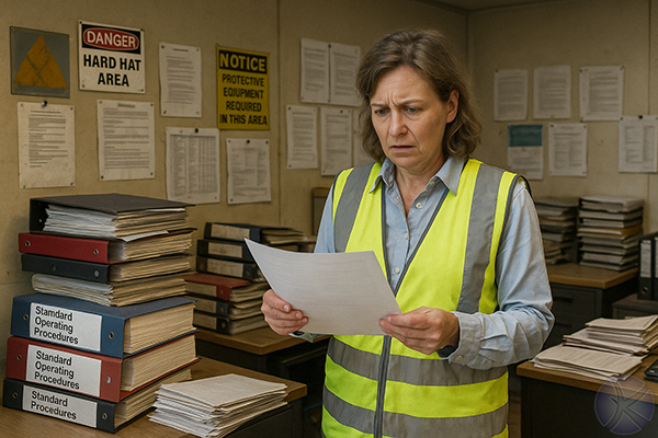 A safety professional in a high-visibility vest looks overwhelmed while reviewing paperwork in a cluttered office filled with SOP binders.