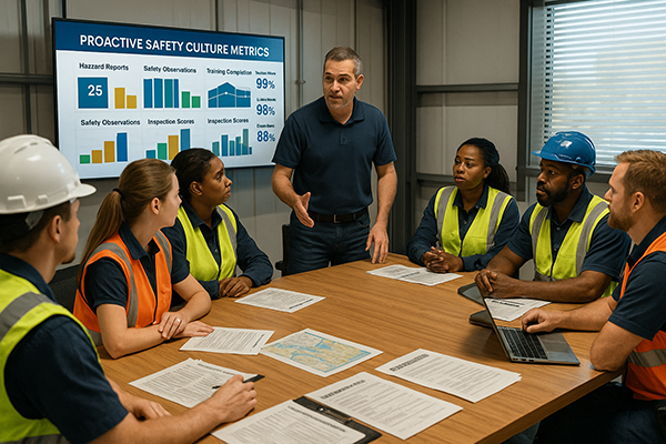 Safety officers and workers reviewing proactive safety data during a team meeting.