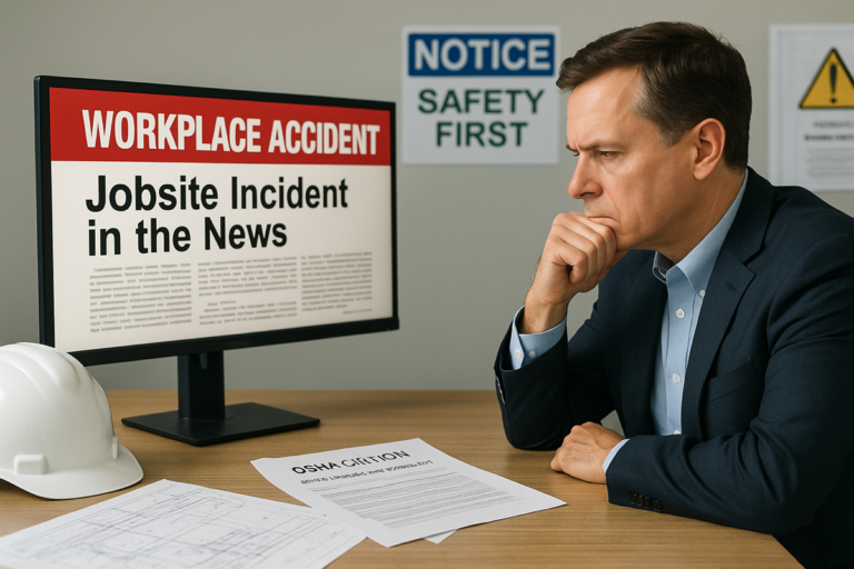 Safety officer reviewing incident headlines on screen after a jobsite accident