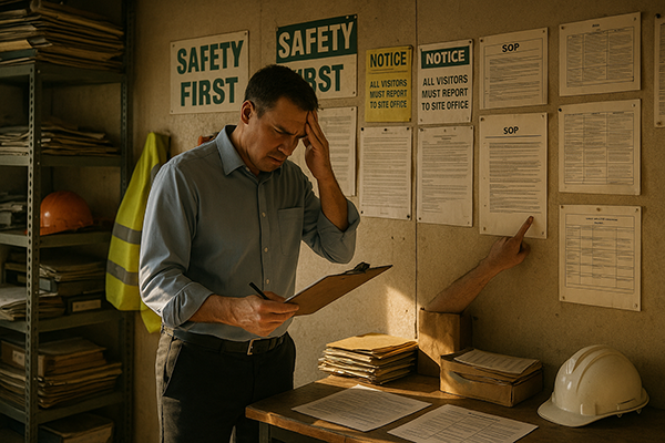 EHS professional pointing at obsolete safety documentation in construction office
