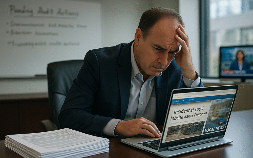 Safety leader reviewing media coverage of a jobsite safety failure