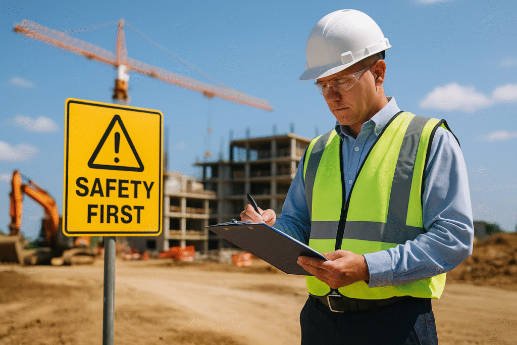 Safety officer inspecting construction site during company expansion under clear skies
