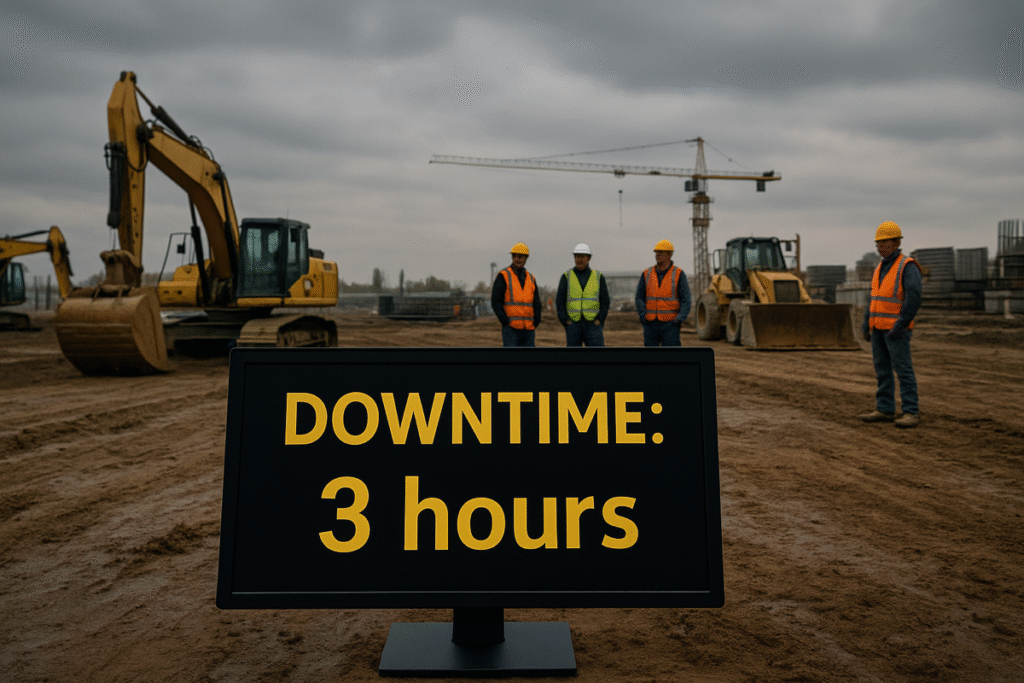 Idle construction site showing equipment and downtime indicator