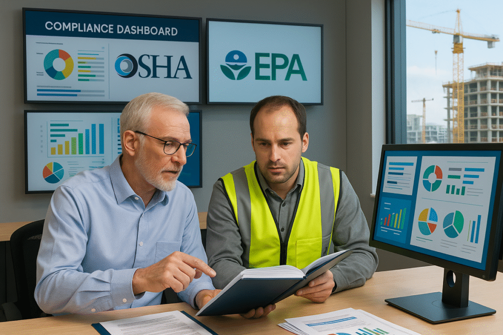 Safety manager reviewing multiple compliance dashboards in a control room.