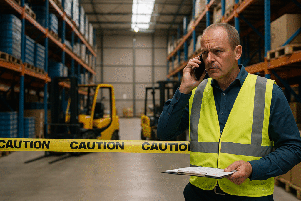 A halted warehouse production line during a midday safety audit, with workers standing idle and a caution sign in view.