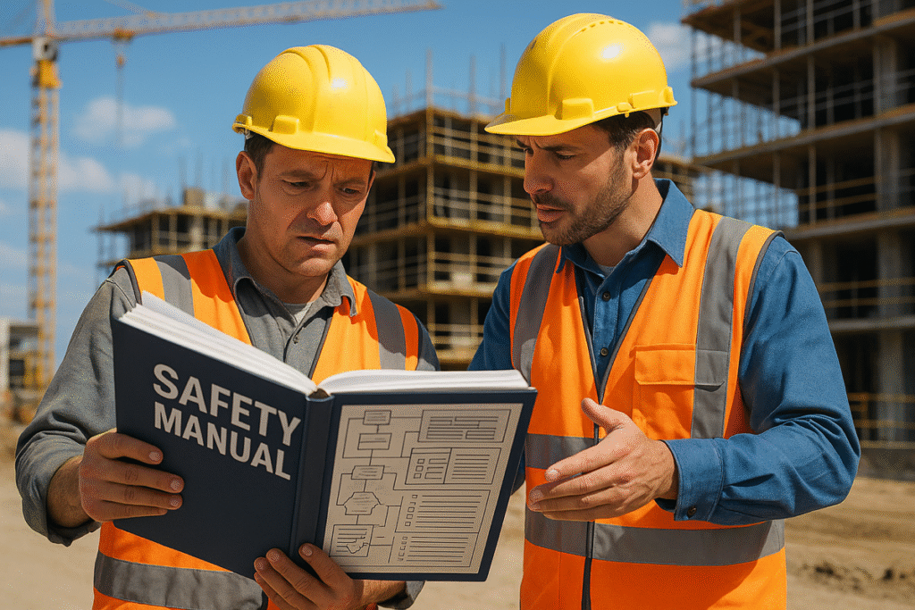 Safety manager explaining overcomplicated procedures to a confused worker at a construction site