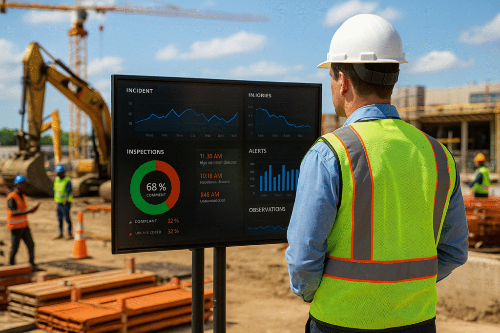 Safety manager reviewing real-time safety dashboard at a live construction site