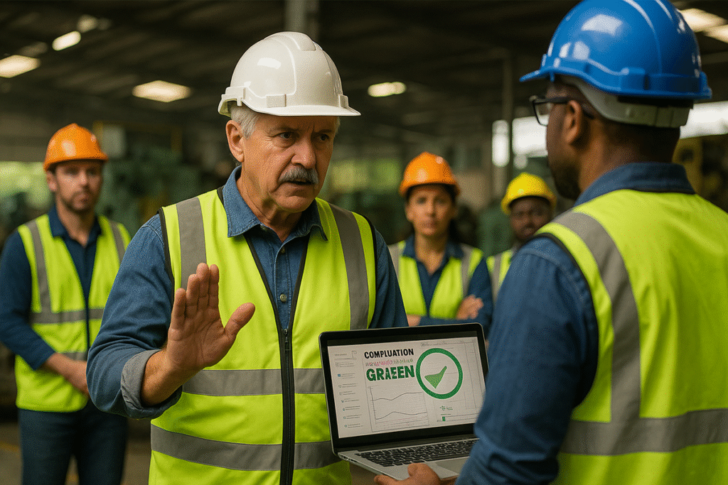 Two safety professionals lead an employee training session in a construction office to address resistance to procedural changes.