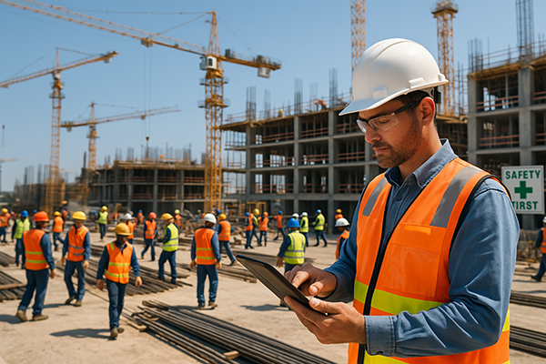 Safety manager supervises temporary and permanent workers during workforce surge