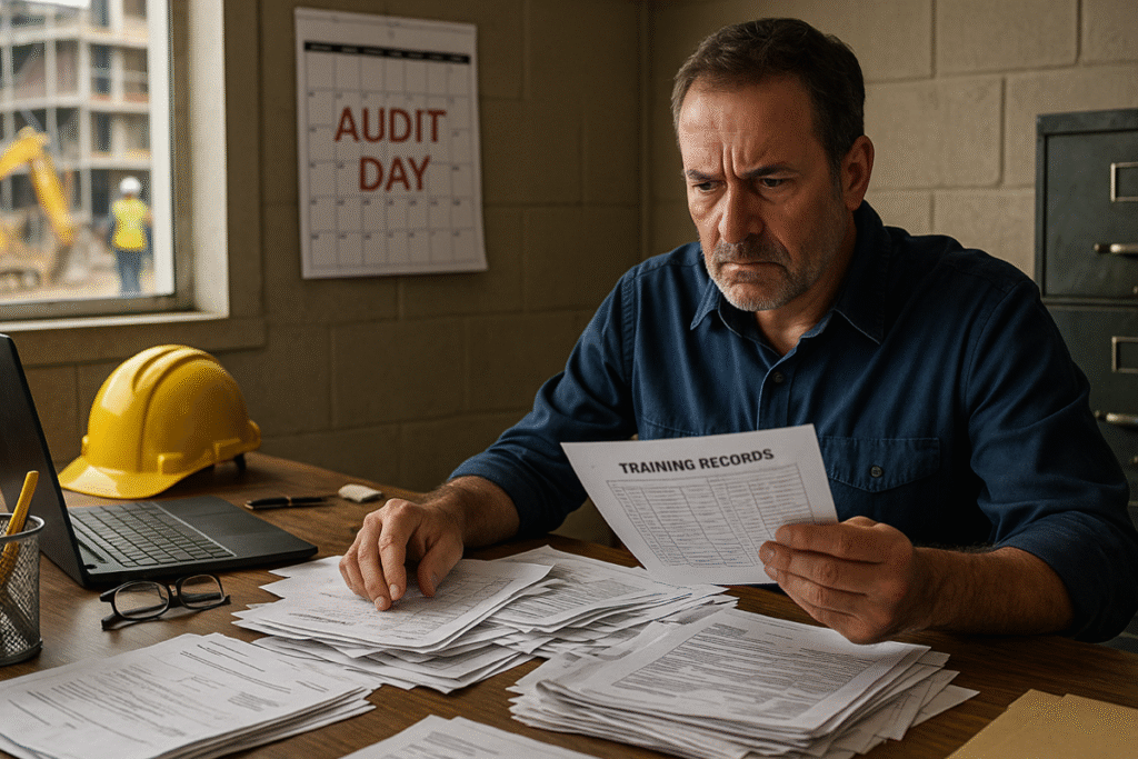 Safety auditor reviewing incomplete training records in a construction site office