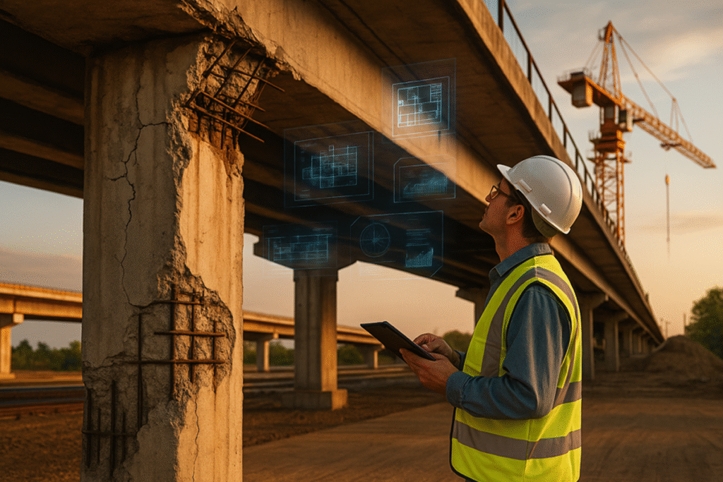 Engineer inspecting aging highway bridge during compliance upgrade