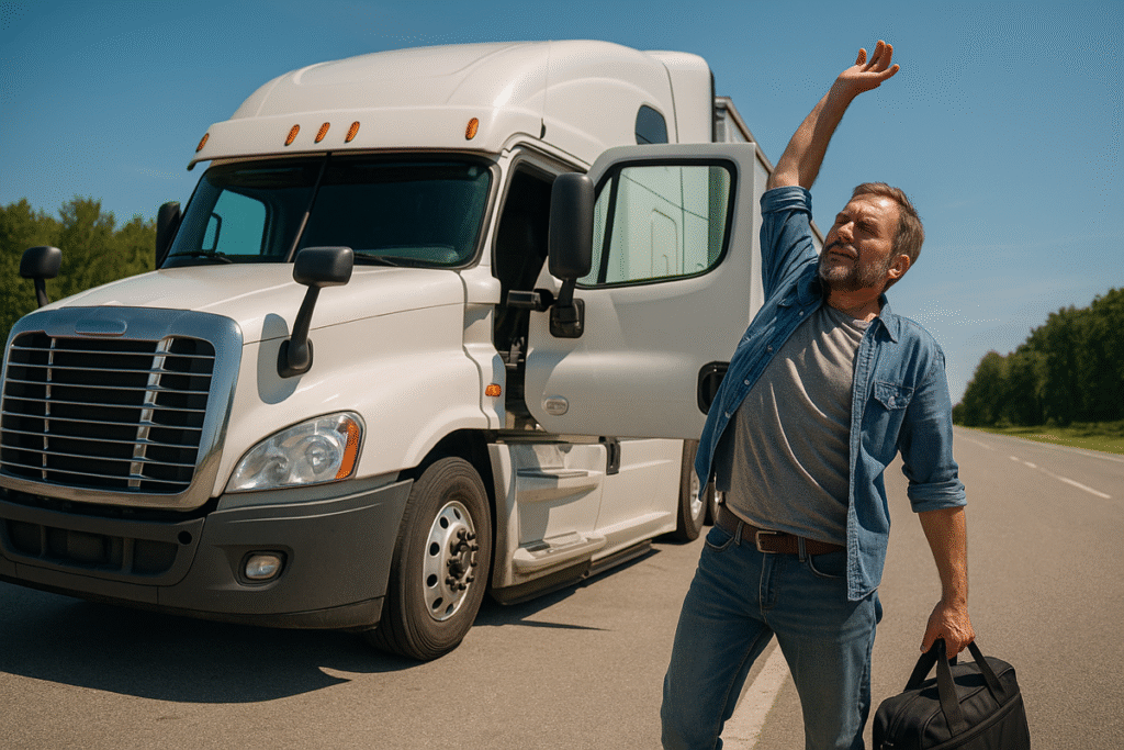 Truck driver exiting cab for rest at rural highway stop