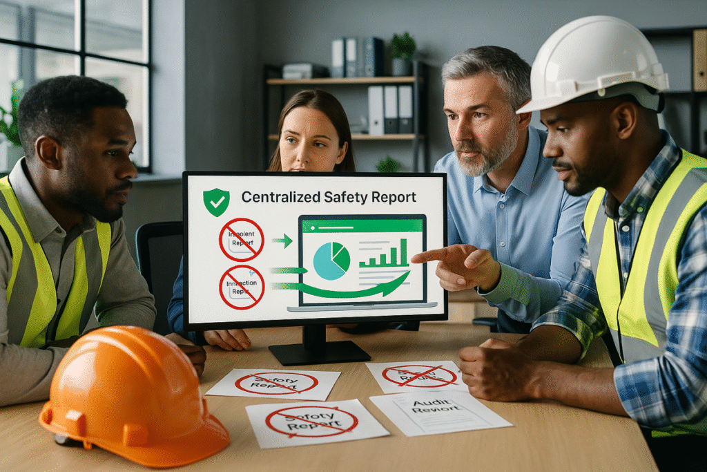EHS professionals reviewing a centralized safety report to eliminate duplicate data.
