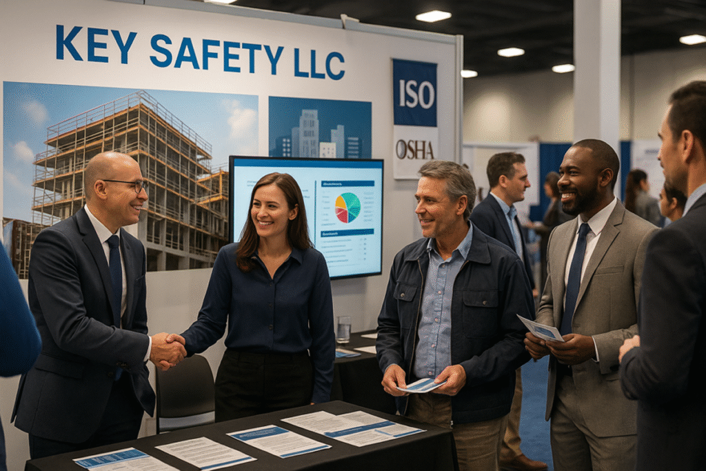 Key Safety LLC team engaging with expo attendees at a professional safety conference booth