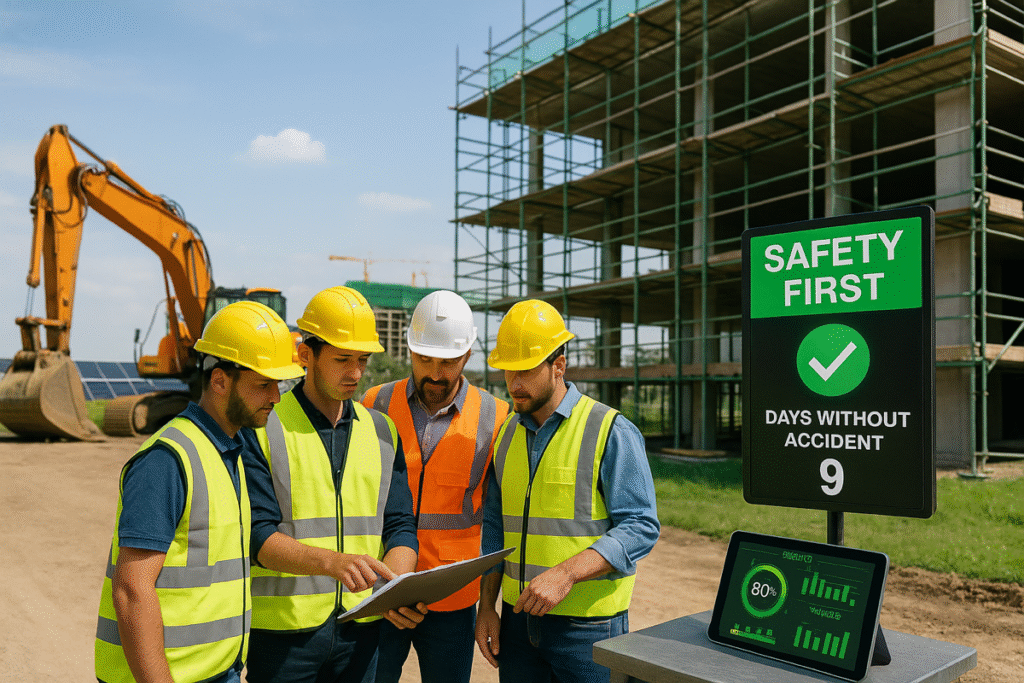Sustainable construction site with workers reviewing digital safety and environmental data.