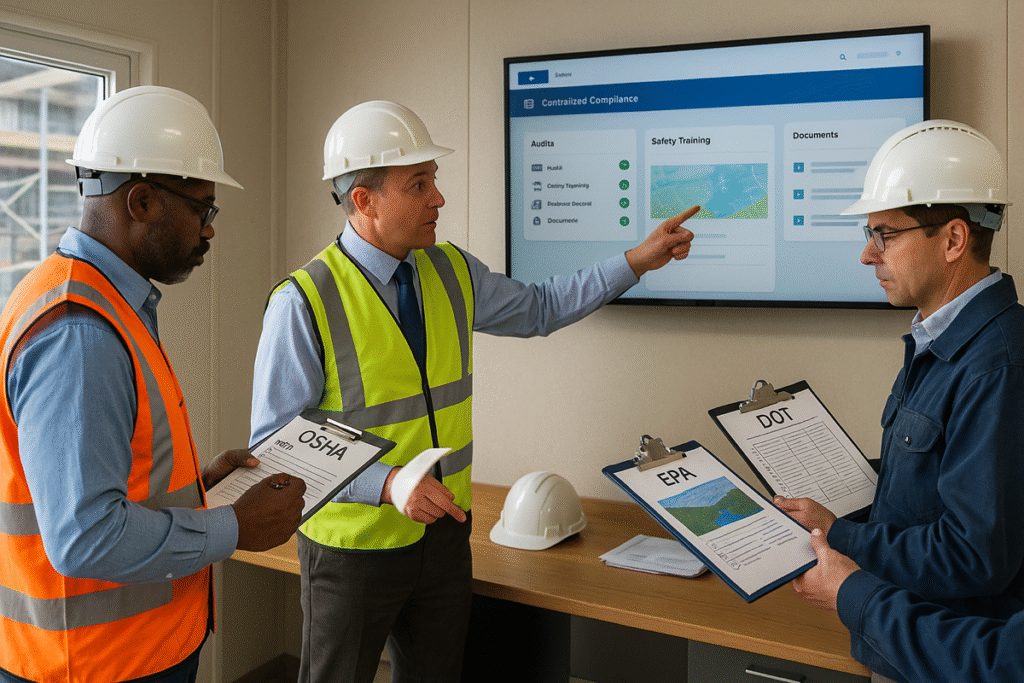 Safety manager presenting digital audit records to multiple regulatory inspectors