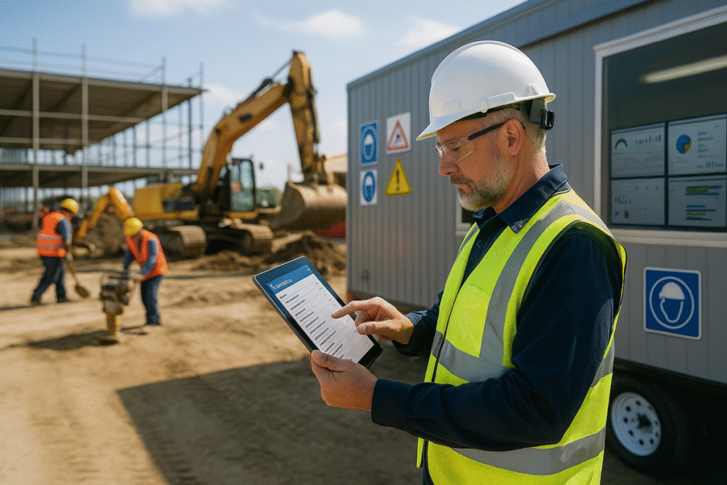 Construction supervisor reviewing digital safety audit checklist on an active jobsite
