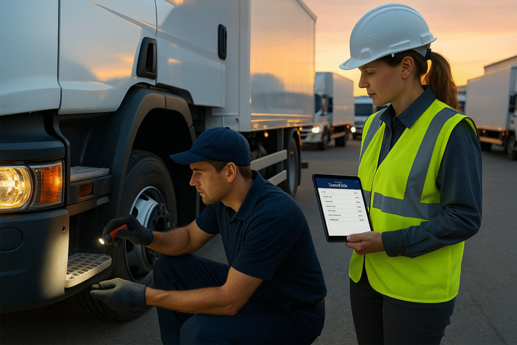 Mechanic inspecting truck brakes with safety officer using defect-tracking tablet