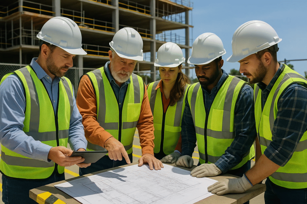 Project kickoff safety meeting with workers reviewing plans.