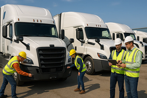 Workers inspect fleet vehicles equipped with DOT safety technology