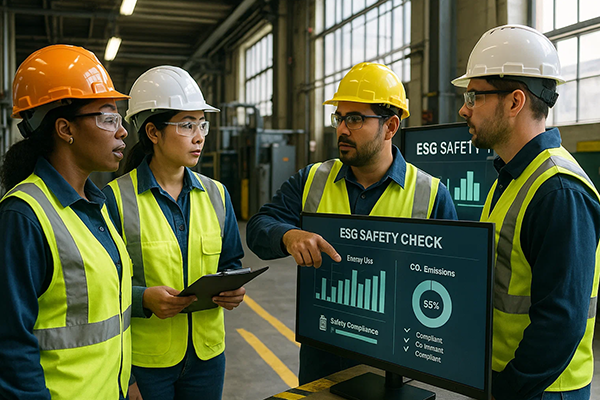 Plant team conducting ESG-focused safety and environmental compliance review.