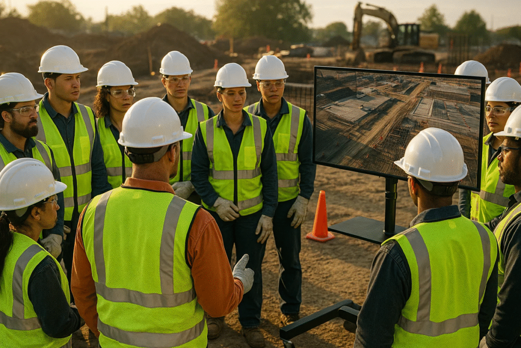 Construction crew reviewing drone footage for safety briefing