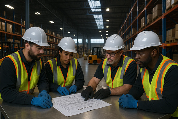 Warehouse team in PPE reviewing safety plan during seasonal production surge.