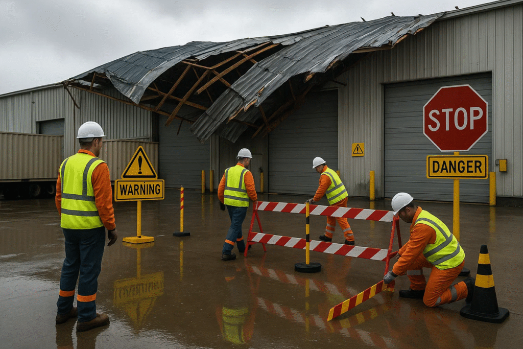 Workers in PPE assess storm damage to a logistics facility