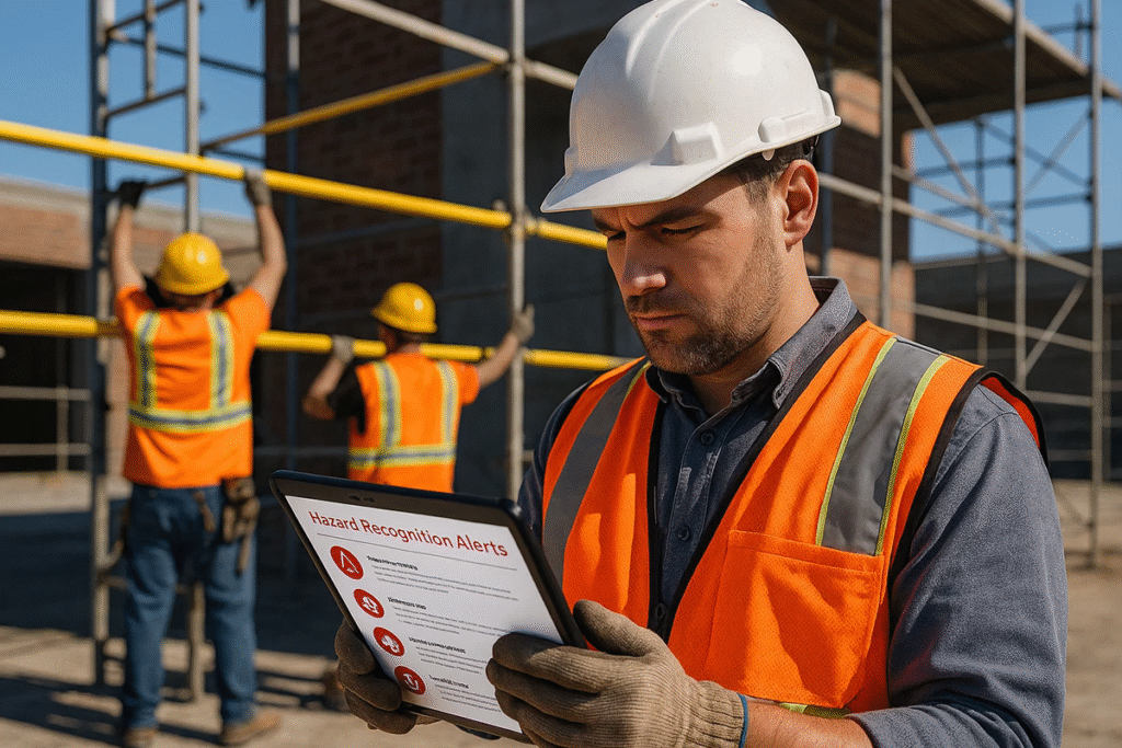 Foreman using real-time hazard recognition tool on a tablet at construction site.