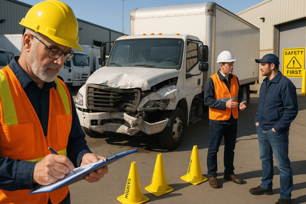 Foreman and supervisor reviewing shipment incident report near damaged truck.