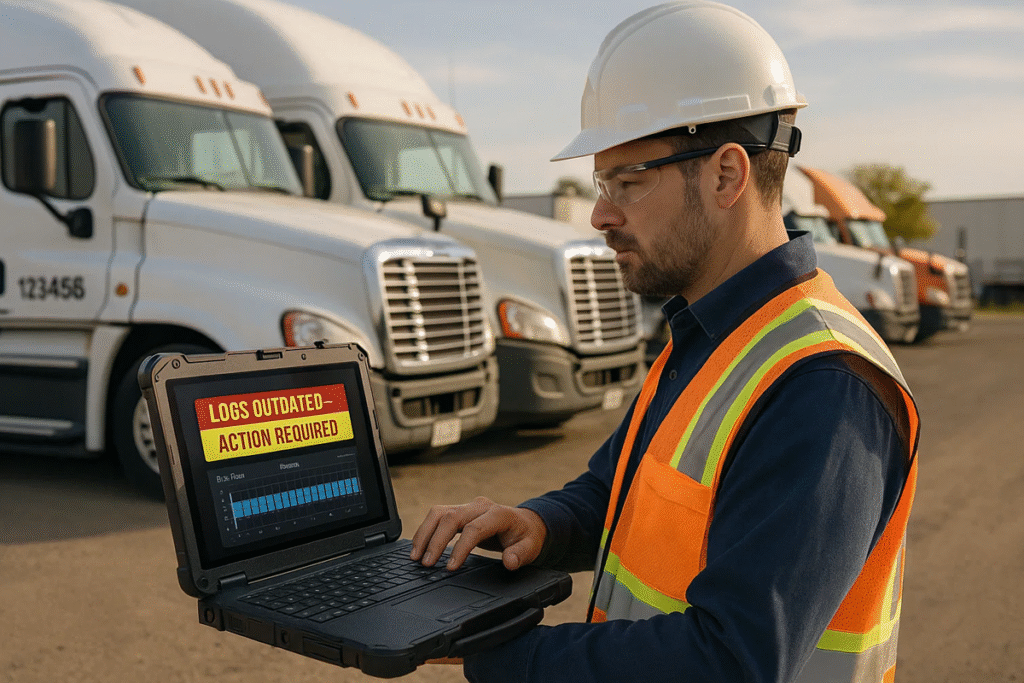 Compliance officer reviewing outdated driver logs on a laptop at a truck yard.