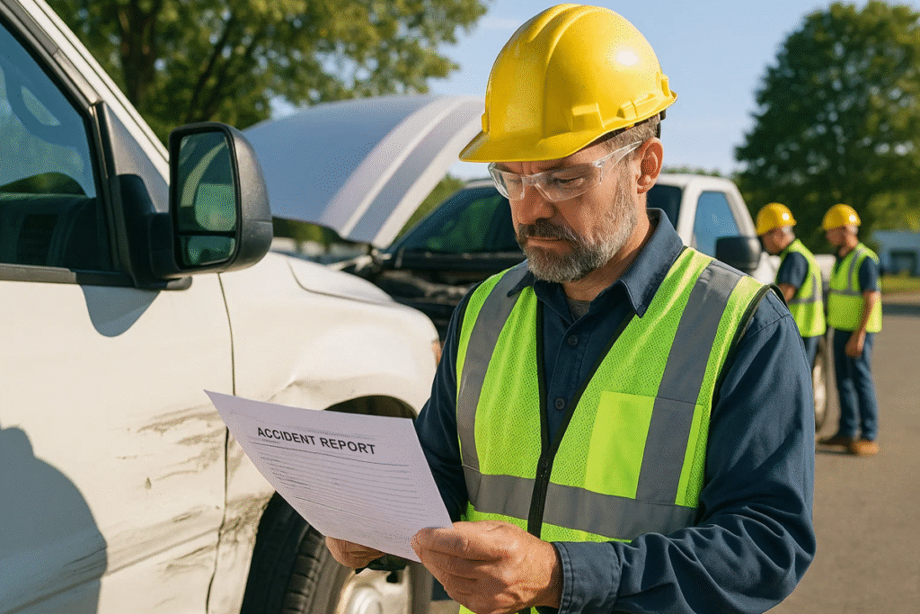 Safety manager reviewing accident report after fleet collision