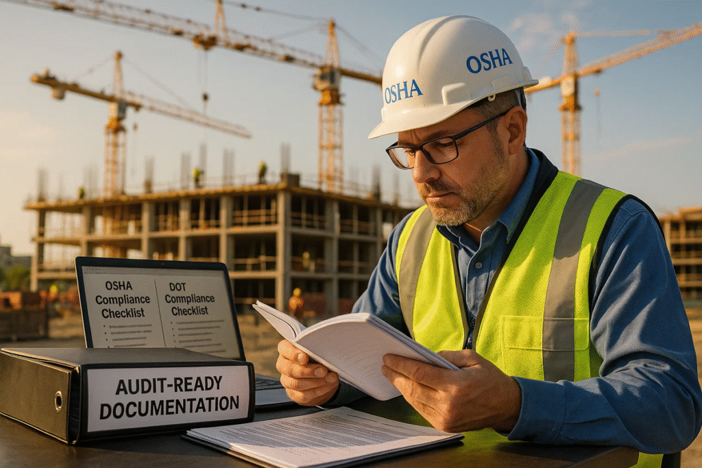 Project manager reviewing standardized audit-ready documentation on a jobsite