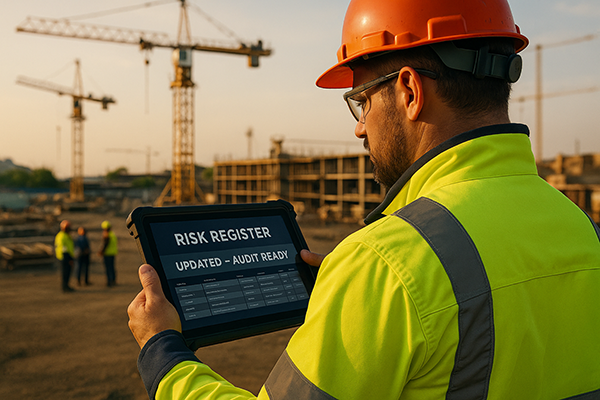 Safety manager updating a digital risk register on a tablet at a jobsite.