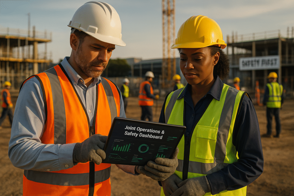 Operations manager and safety officer reviewing shared dashboard on a jobsite