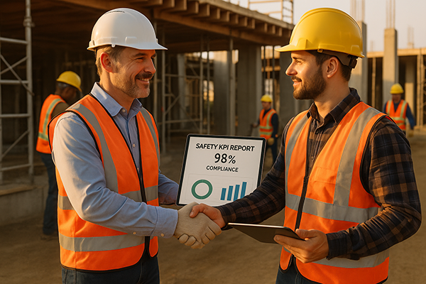 Contractor and subcontractor reviewing safety KPI report on a digital tablet at a jobsite.