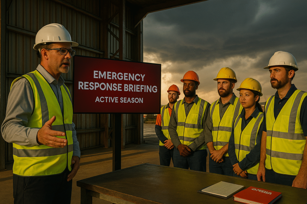 EHS director leading a safety briefing during storm season