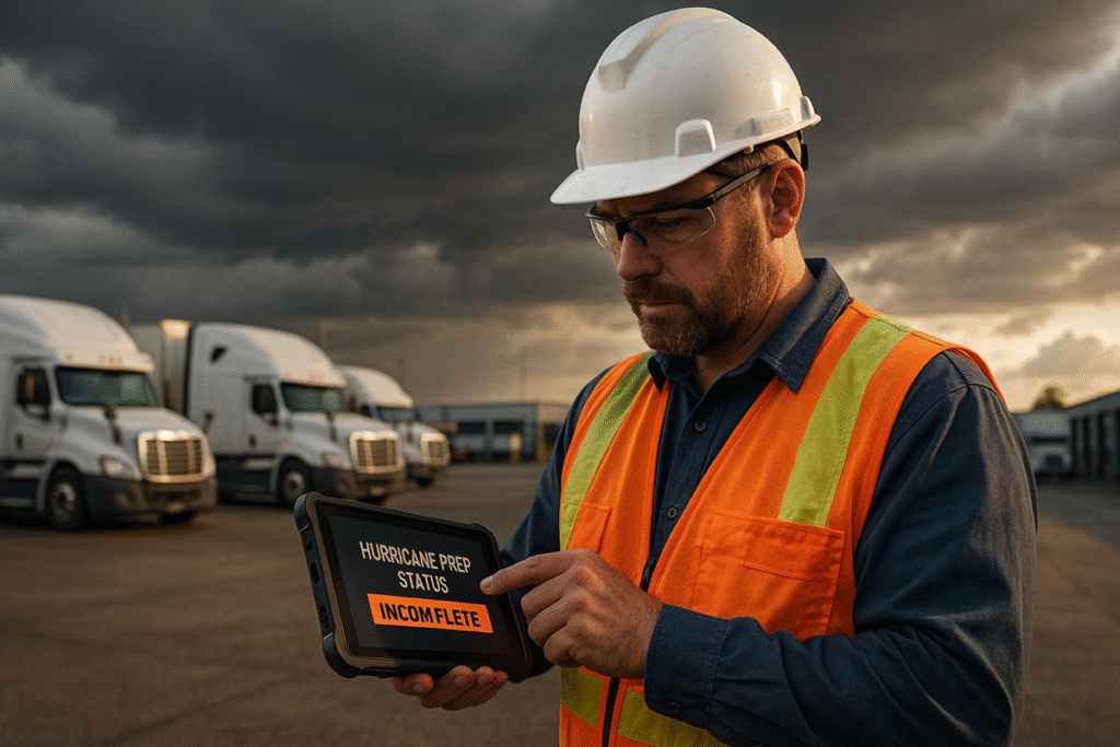 Fleet manager reviewing hurricane prep status on a tablet in truck depot.