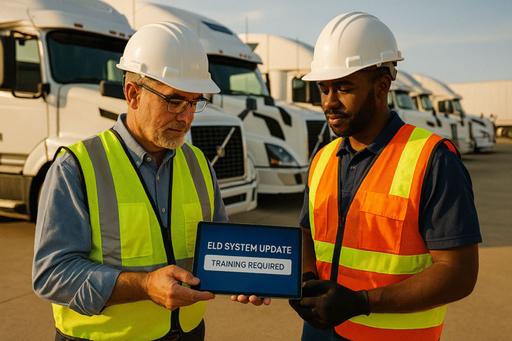 Fleet manager and driver reviewing ELD system updates on a digital tablet in a fleet yard.
