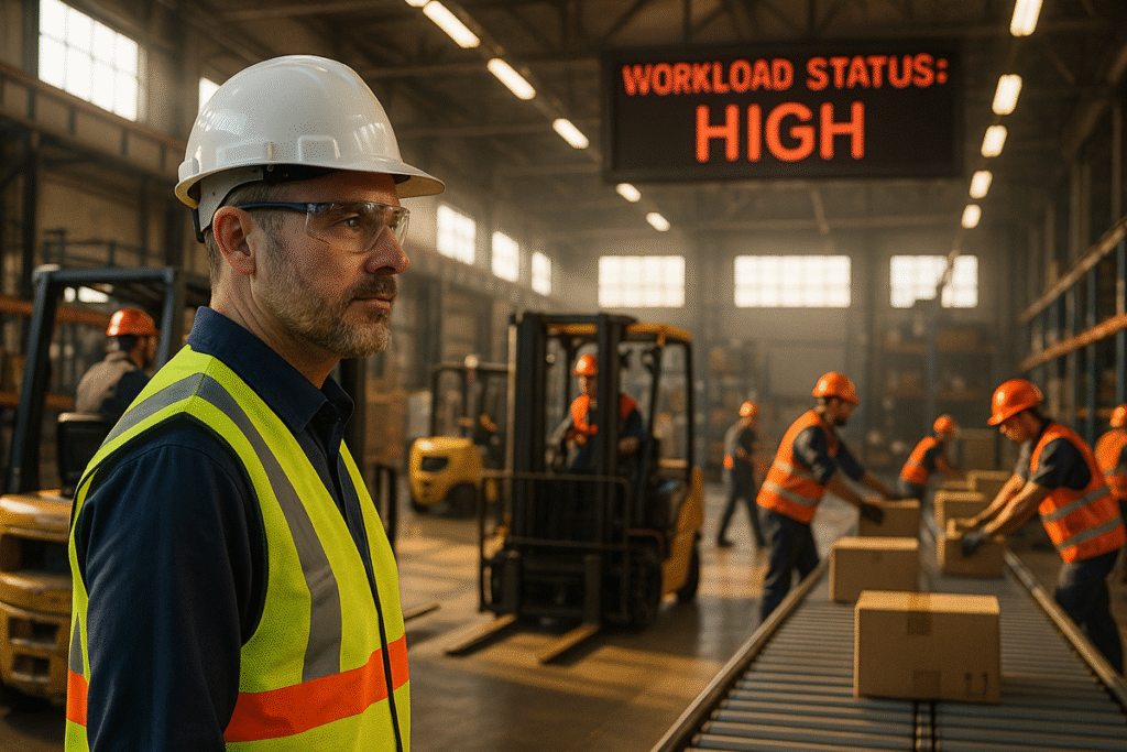 Safety manager monitoring high-load operations in an industrial facility.