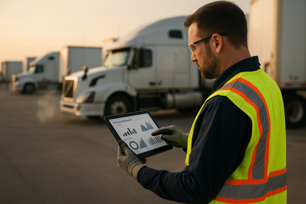 Supervisor reviewing emissions data while monitoring idling trucks in a logistics yard.
