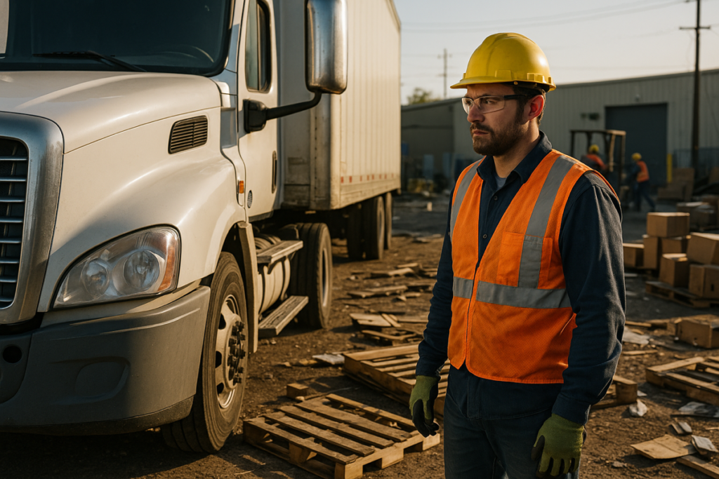 Driver observing a disorganized worksite with unsafe operational conditions.