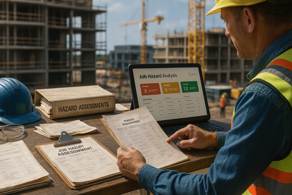 Safety professional comparing outdated hazard assessments with a digital JHA dashboard