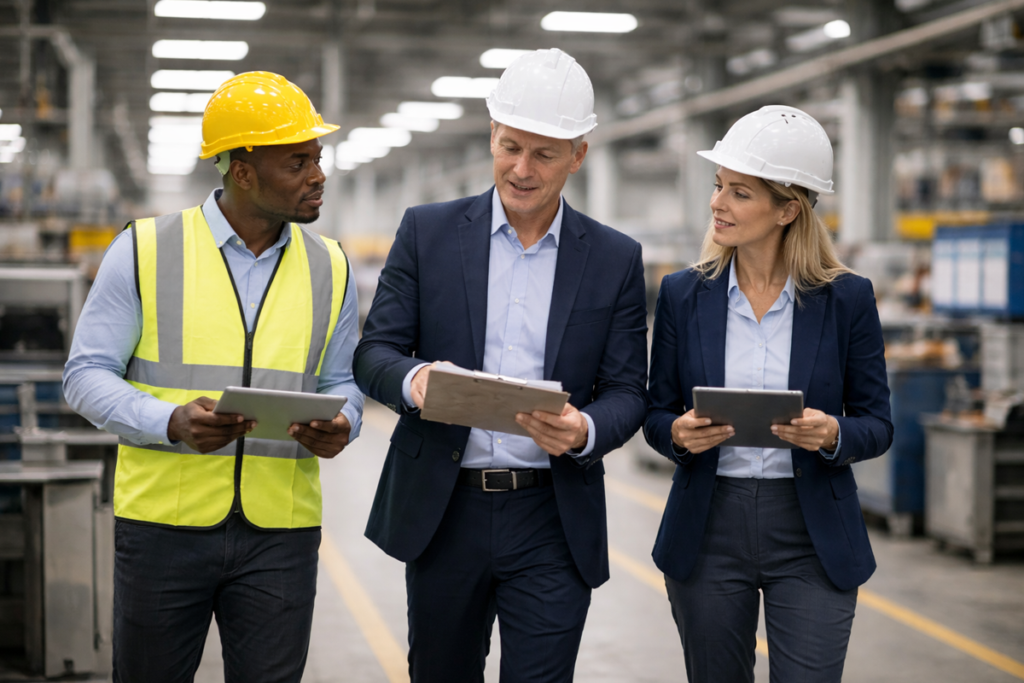 Senior EHS and operations leaders conducting a governance-level safety and risk review walk inside a modern manufacturing facility
