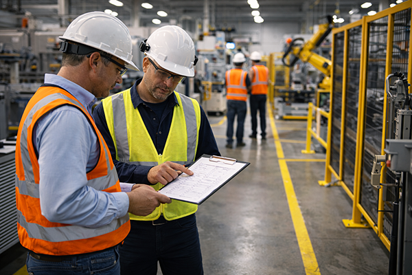 Manufacturing executives and an EHS leader reviewing safety observations on a production floor with guarded machinery in the background.