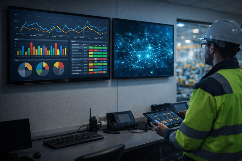 Manufacturing control room displaying digital safety dashboard with cybersecurity visualization.