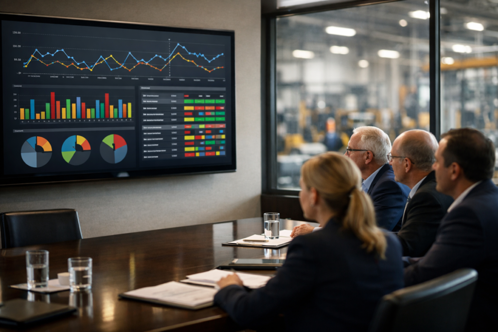 Manufacturing executives reviewing digital safety dashboard in conference room overlooking production floor.