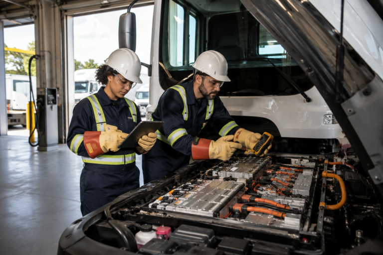 EHS technicians inspecting electric truck battery pack with high-voltage PPE