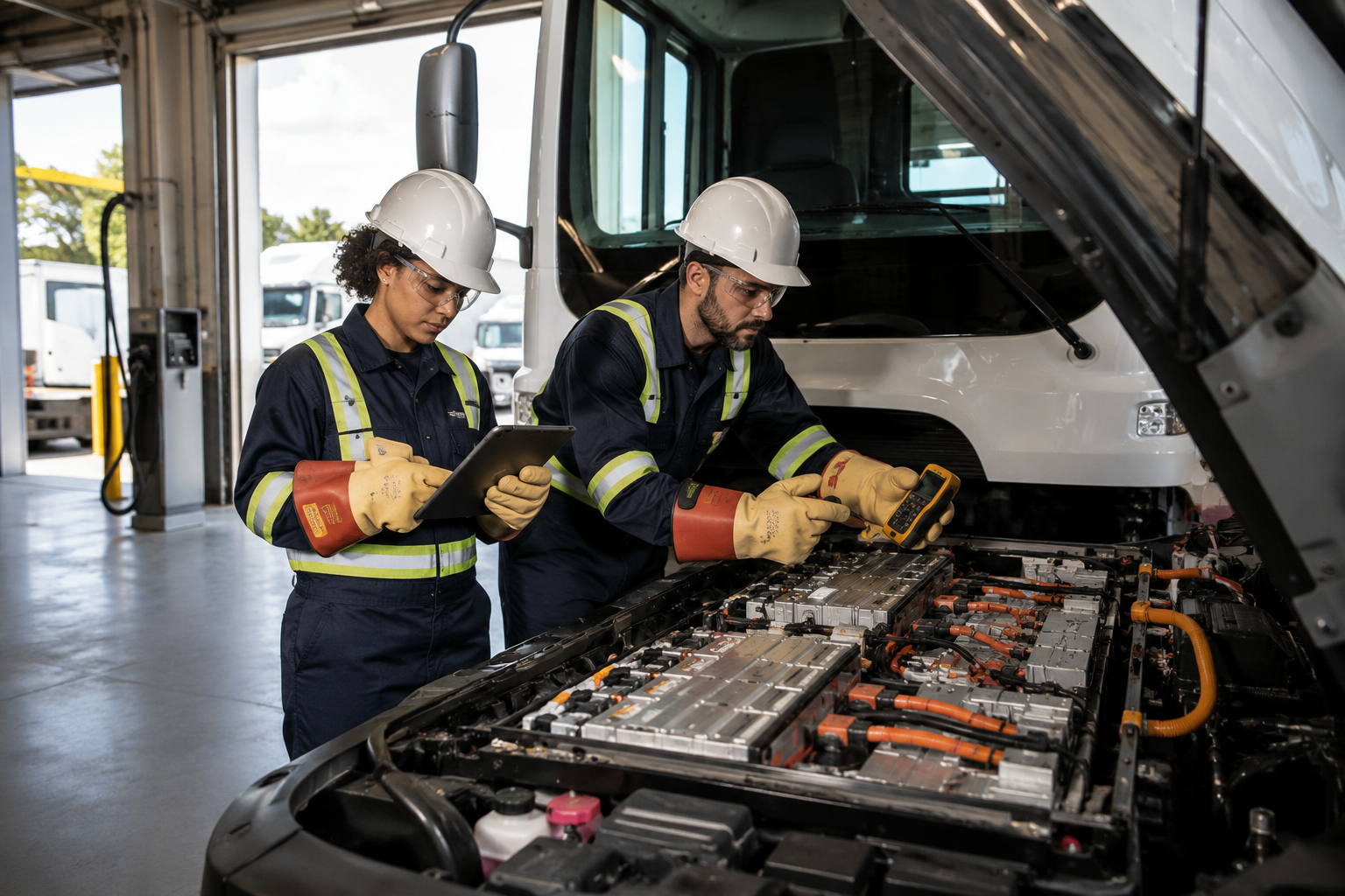 EHS technicians inspecting electric truck battery pack with high-voltage PPE
